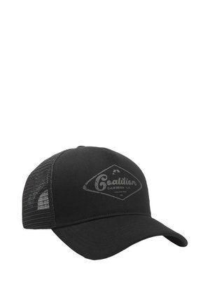 Czarna czapka trucker z tkaninowym przodem i siateczkowym tyłem. Na przednim panelu znajduje się logo w kształcie diamentu w szarym kolorze. Wygięwający się daszek.