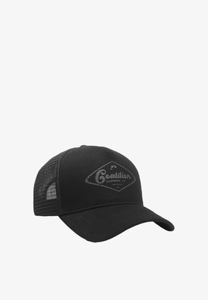 Czarna czapka trucker z tkaninowym przodem i siateczkowym tyłem. Na przednim panelu znajduje się logo w kształcie diamentu w szarym kolorze. Wygięwający się daszek.