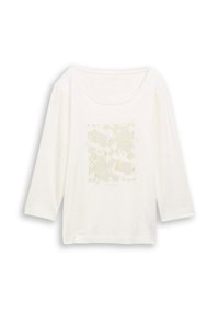Weißes Langarmshirt mit rundem Ausschnitt und einem dezenten beigen abstrakten Muster, das auf der Vorderseite zentriert ist.
