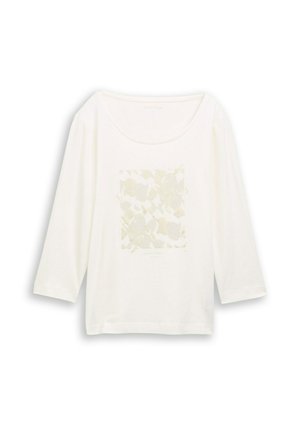 Balta ilga rankovėm marškinėliai su apvalia iškirpte ir subtiliu smėlio spalvos abstrakčiu raštu, esančiu centriniame priekyje.