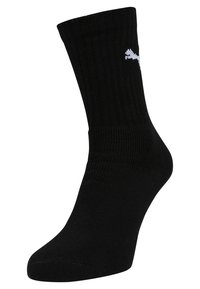 Schwarze Baumwoll-Crew-Socke mit geripptem Textur, ausgestattet mit einem kleinen weißen Logo an der Seite. Standardlänge, nahtloses Zehendesign.