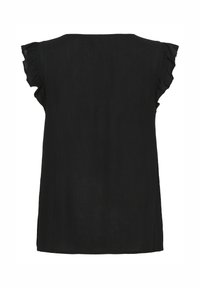 Blouse noire avec des manches courtes à volants, fabriquée dans un tissu lisse et texturé, offrant une coupe décontractée. Vue arrière affichée.