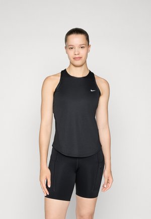 Black athletic tank top with a racerback design, featuring a small white logo and a lightweight, breathable material. Black shorts with side pockets.