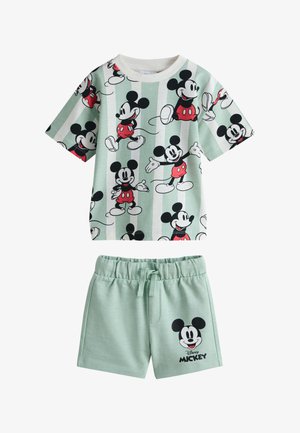 Detský krátky rukáv a krátke nohavice v svetlozelenej farbe s viacerými ilustráciami Mickeyho Mousa a krátkymi nohavicami so sťahovacou šnúrkou v páse.