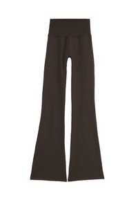 Jambières évasées marron foncé avec une large ceinture côtelée. Fabriquées en matériau doux et extensible, elles présentent un design sans coutures et sans matériel visible.