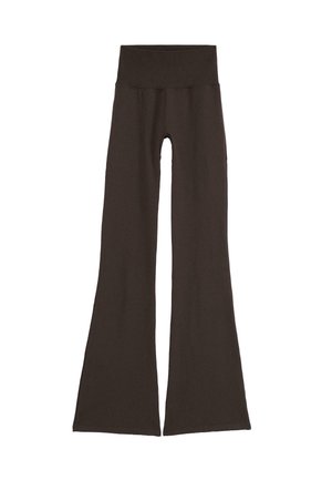 Dark brown flared leggings with a wide, ribbed waistband. Made from soft, stretchy material, featuring a seamless design and no visible hardware.
