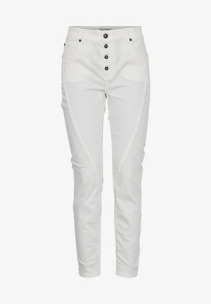 Pantaloni in denim bianco con chiusura a cinque bottoni, tasche frontali e vestibilità slim. Presentano cuciture a contrasto lungo i lati. Texture liscia.