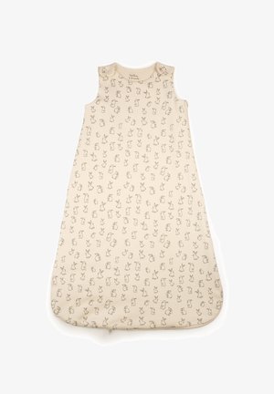 Mouwloos beige baby-slaapzakje met een all-over patroon van kleine konijntjes getekend met lijntjes en drukknoopsluitingen op de schouders.