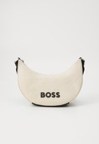 Beige fabric shoulder bag with a curved shape, black accents, and embossed "BOSS" logo on the front. Features a adjustable strap.