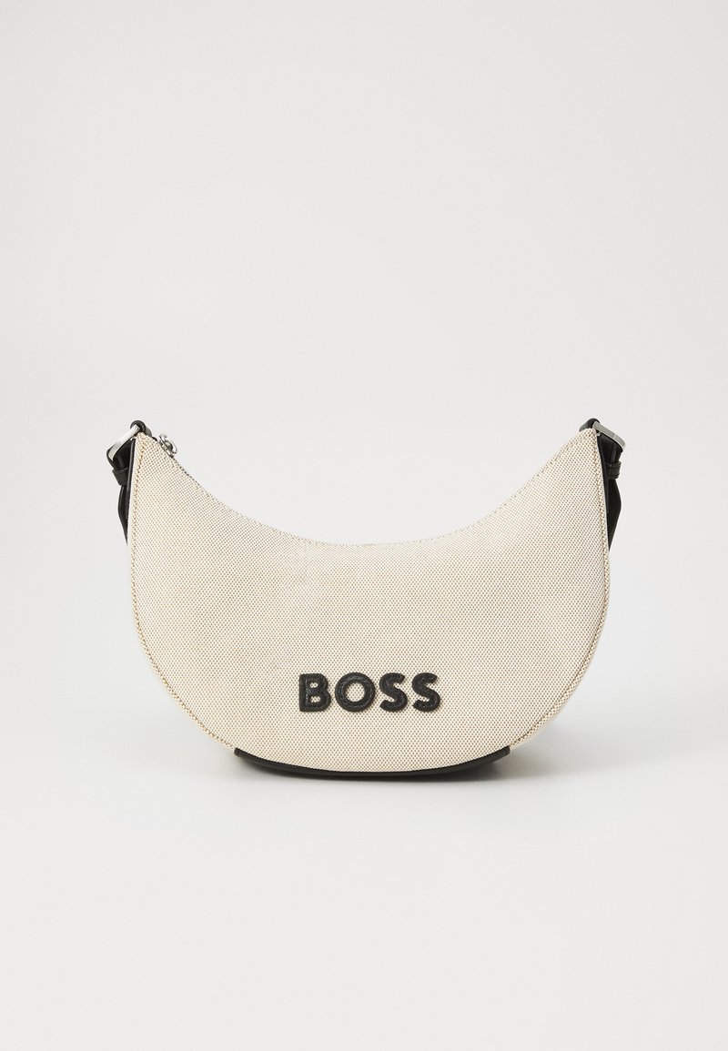 Beige fabric shoulder bag with a curved shape, black accents, and embossed "BOSS" logo on the front. Features a adjustable strap.