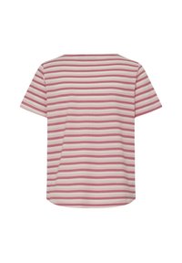 Lühikeste varrukatega särk horisontaalsete roosade ja valgete triipudega, näidatud tagant valgel taustal.