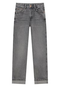 Vaqueros de denim gris con corte recto, cinco bolsillos y cierre de botón de latón en la cintura. Presentan una textura ligeramente desgastada.
