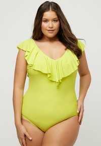 Maillot de bain une pièce jaune fluo avec un décolleté en V profond et des bretelles à volants. Texture lisse et coupe cintrée.