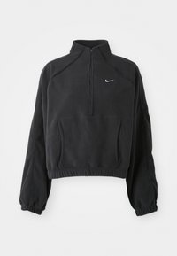 Pullover in pile nero con colletto alto, apertura a mezza zip e orlo elasticizzato. Presenta una tasca a marsupio e un logo Nike bianco sul petto.