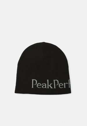 Black knit beanie featuring a soft texture with a rounded top and a rolled edge. "PeakPerform" logo is embroidered in gray on the front.