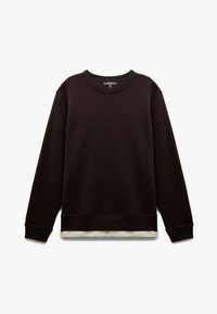 Bruine sweatshirt van zachte stof, met een ronde hals, lange mouwen en een gestructureerde zoom in een contrasterende lichte kleur.