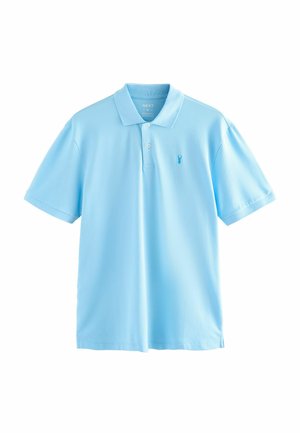 Light blue polo shirt made from cotton blend, featuring a three-button placket and an embroidered logo on the left chest. Regular fit.