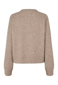 Beige strikkegenser med kort design, ribbestrikkede mansjetter og kant, og en myk tekstur med et subtilt spraglete mønster.