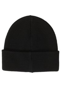 Black knitted beanie hat with a ribbed texture and a folded cuff. Features a seamless circular crown design.