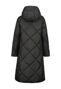 Manteau doudoune noir à capuche avec un motif diamant matelassé et une coupe mi-longue. Il présente des manches larges et une texture de surface lisse et brillante.