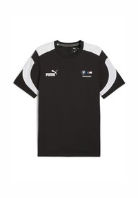 Schwarzes T-Shirt mit kurzen Ärmeln, das weiße Akzente, die Puma- und BMW Motorsport-Logos auf der Vorderseite zeigt. Lässiger sportlicher Look.
