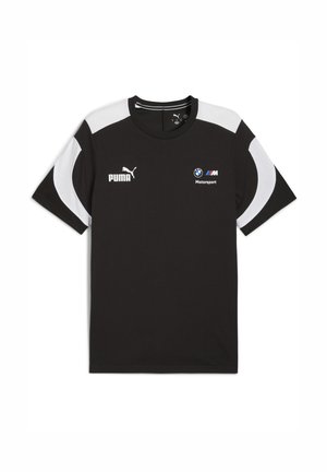 Black short-sleeve t-shirt featuring white accents, Puma and BMW Motorsport logos on the front. Casual athletic wear design.