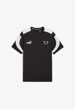 Tricou negru cu mânecă scurtă, decorat cu accente albe, având logo-urile Puma și BMW Motorsport pe față. Design casual pentru îmbrăcăminte sport.