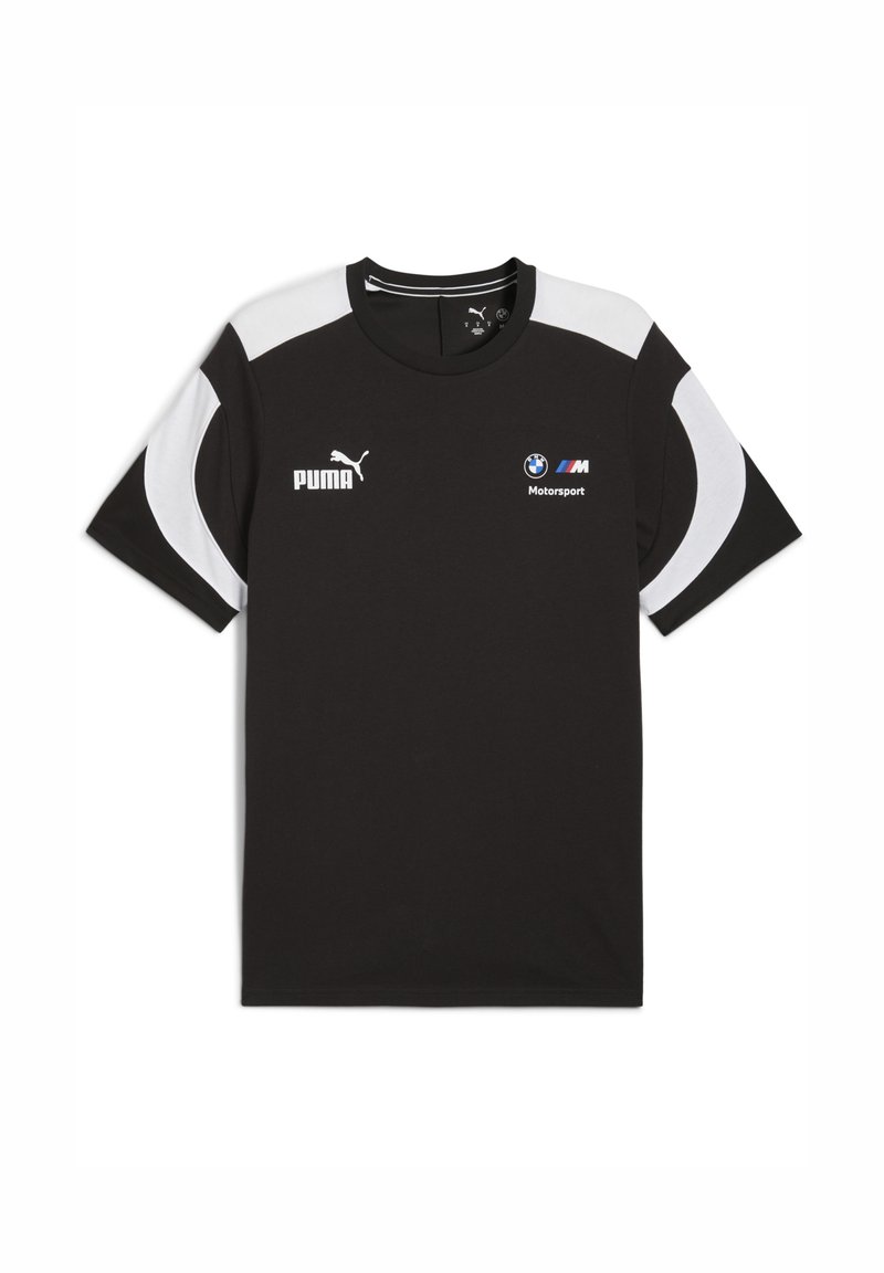Schwarzes T-Shirt mit kurzen Ärmeln, das weiße Akzente, die Puma- und BMW Motorsport-Logos auf der Vorderseite zeigt. Lässiger sportlicher Look.