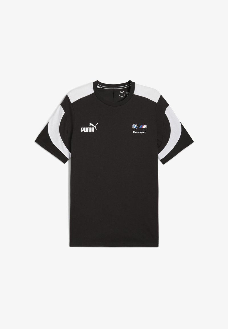 Mustat lyhyet hihat t-paita, jossa valkoisia yksityiskohtia, Puma ja BMW Motorsport logot edessä. Rento urheiluvaatetus.