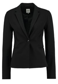 Schwarze maßgeschneiderte Blazerjacke mit einem Knopf, Reverskragen, langen Ärmeln und zwei vorderen Schlitztaschen, vor einem weißen Hintergrund gezeigt.