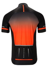 Zwart en oranje fietsjersey met een gradient ontwerp, korte mouwen, reflecterende accenten en een zak aan de achterkant voor opbergruimte.