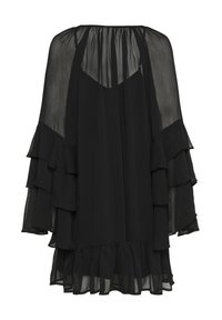 Svart chiffongklänning med lager av volanger vid ärmarna, lös passform och en subtil genomskinlig textur på baksidan, med rundad halsringning.