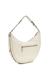 Borsa a mano crema con forma curva, superficie testurizzata, motivo decorativo del logo, tasca con zip frontale e tracolla regolabile. Accessori in metallo argentato.
