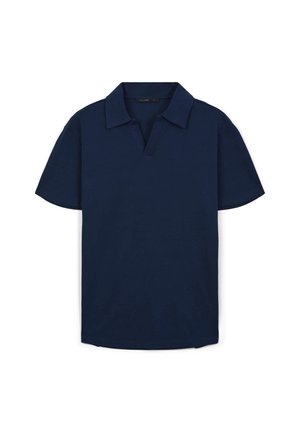 Polo a maniche corte blu navy con colletto e scollo a V, taglia grande, steso su uno sfondo bianco.