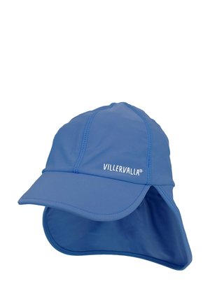 Blauwe zonhoed van lichtgewicht stof, met een gebogen rand, een zachte nekflap en het merklogo "VILLERVALLA" prominent weergegeven.