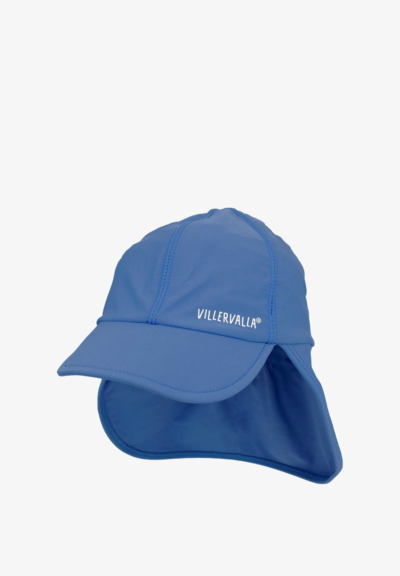 Cappello da sole blu realizzato in tessuto leggero, con visiera curvata, un morbido cestino per il collo e il logo del marchio "VILLERVALLA" in evidenza.