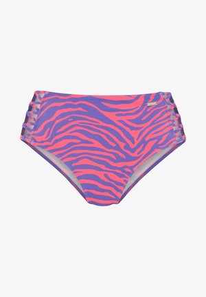 Hochgeschnittene Bikinihose in Lila mit pinken Zebramustern, ausgestattet mit seitlichen Raffungen und einem kleinen metallischen Logo-Detail.