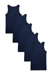 Cinque canottiere blu navy esposte in fila, con un taglio classico, collo rotondo e una consistenza morbida simile al cotone.