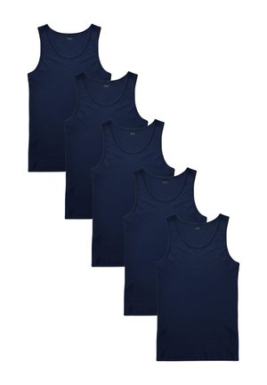 Cinq débardeurs bleu marine présentés en rangée, dotés d'une coupe classique, d'un col rond et d'une texture lisse, semblable à du coton.