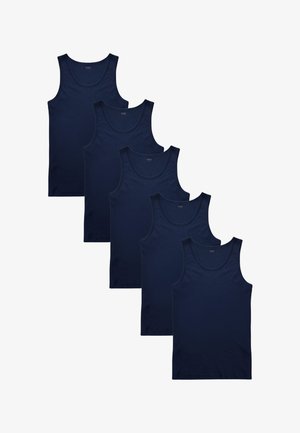Five navy blue tank tops displayed in a row, featuring a classic cut, round neck, and smooth, cotton-like texture.