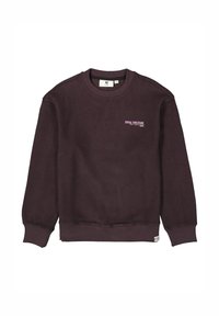 Sudadera de color púrpura oscuro hecha de una mezcla de algodón. Presenta un cuello redondo, mangas largas y un pequeño logo "Total Solitude" en rosa contrastante.