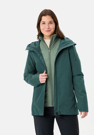 Dark green waterproof jacket with a detachable hood, front zipper, and quilted interior lining. Features elastic cuffs and adjustable hem.