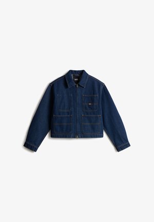 Denimjakke i mørkeblå, med lynlåslukning, to forlommer og syninger på sømmene. Kort design med krave.