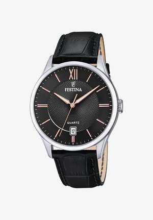 Festina kvarcinis laikrodis su juodu tekstūruotu ciferblatu, sidabriniu korpusu, rožinės aukso akcentais, romėniškuoju numeriu XII ir juodu odiniu dirželiu.