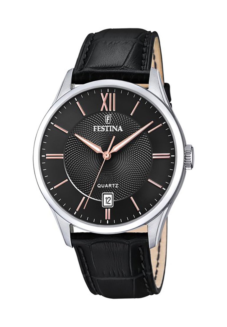 Festina kvarca pulksteņi ar melnu tekstūrētu ciparnīcu, sudraba korpusu, rozā zelta akcentiem, romiešu ciparu XII un melnu ādas siksnu.