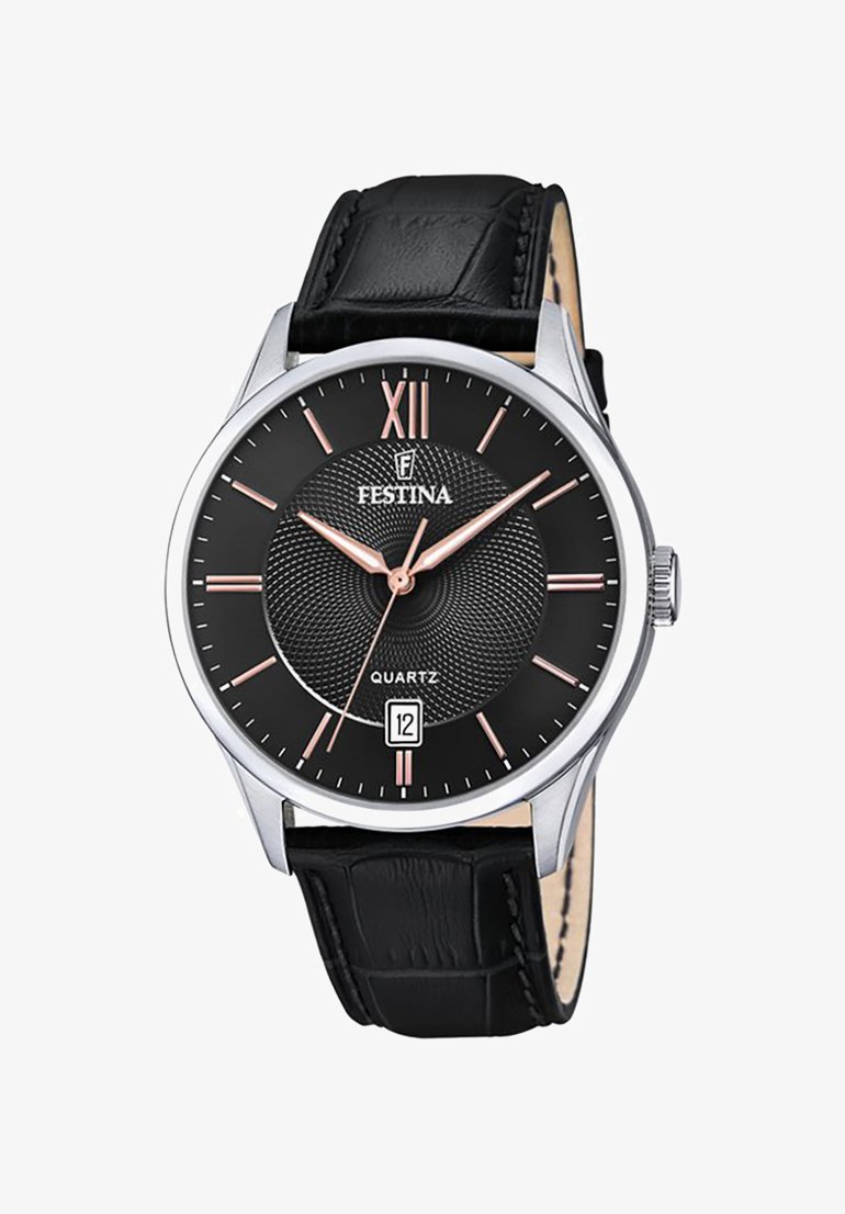 Festina kvarca pulksteņi ar melnu tekstūrētu ciparnīcu, sudraba korpusu, rozā zelta akcentiem, romiešu ciparu XII un melnu ādas siksnu.