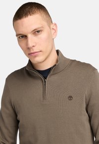 Brązowy sweter zapinany na zamek z wysokim kołnierzem. Posiada gładką fakturę i mały akcent logo na klatce piersiowej. Nosi się go na czarnej koszulce.