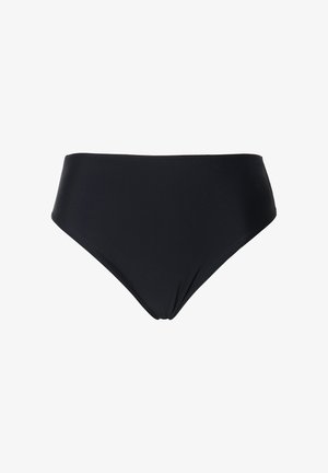 Bikini bottom nero a vita alta realizzato in un tessuto elastico e liscio con un colore uniforme. Caratterizzato da un design pulito e minimalista, senza fantasie o decorazioni.
