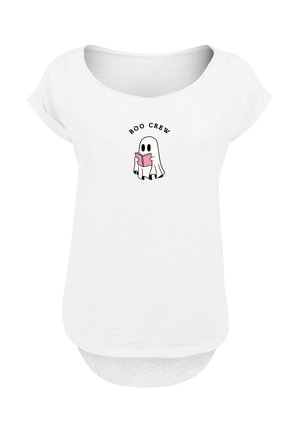 White short-sleeve shirt with a centered cartoon ghost reading a pink book, and the text "Boo Crew" arching above the ghost.