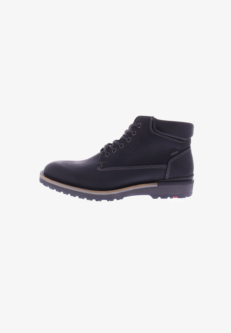 Zwarte leren enkellaarzen met een ronde neus, vetersluiting en lichtbruine houten zool. Voorzien van contrasterende stiksels en een geperst logo.